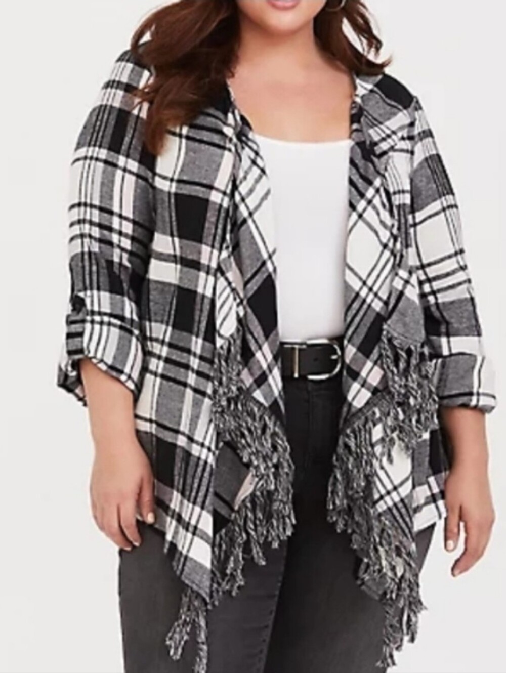 Torrid Plaid Open-Front Cardigan with Fringe - Black, White & Light Pink